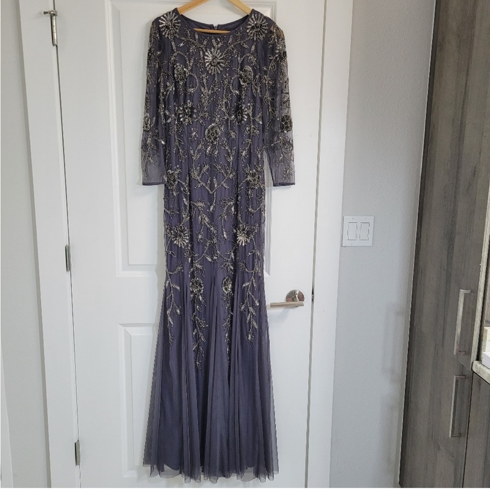 Adrianna Papell Floral Beaded Sequins Godet Evening Gown Lead Gray Size 2